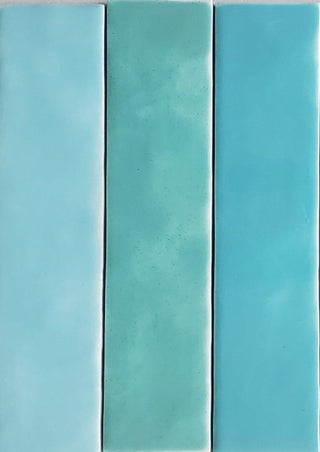 2x9 zellige field tile hand glazed 3 shades of light blue, light sage, bright blue