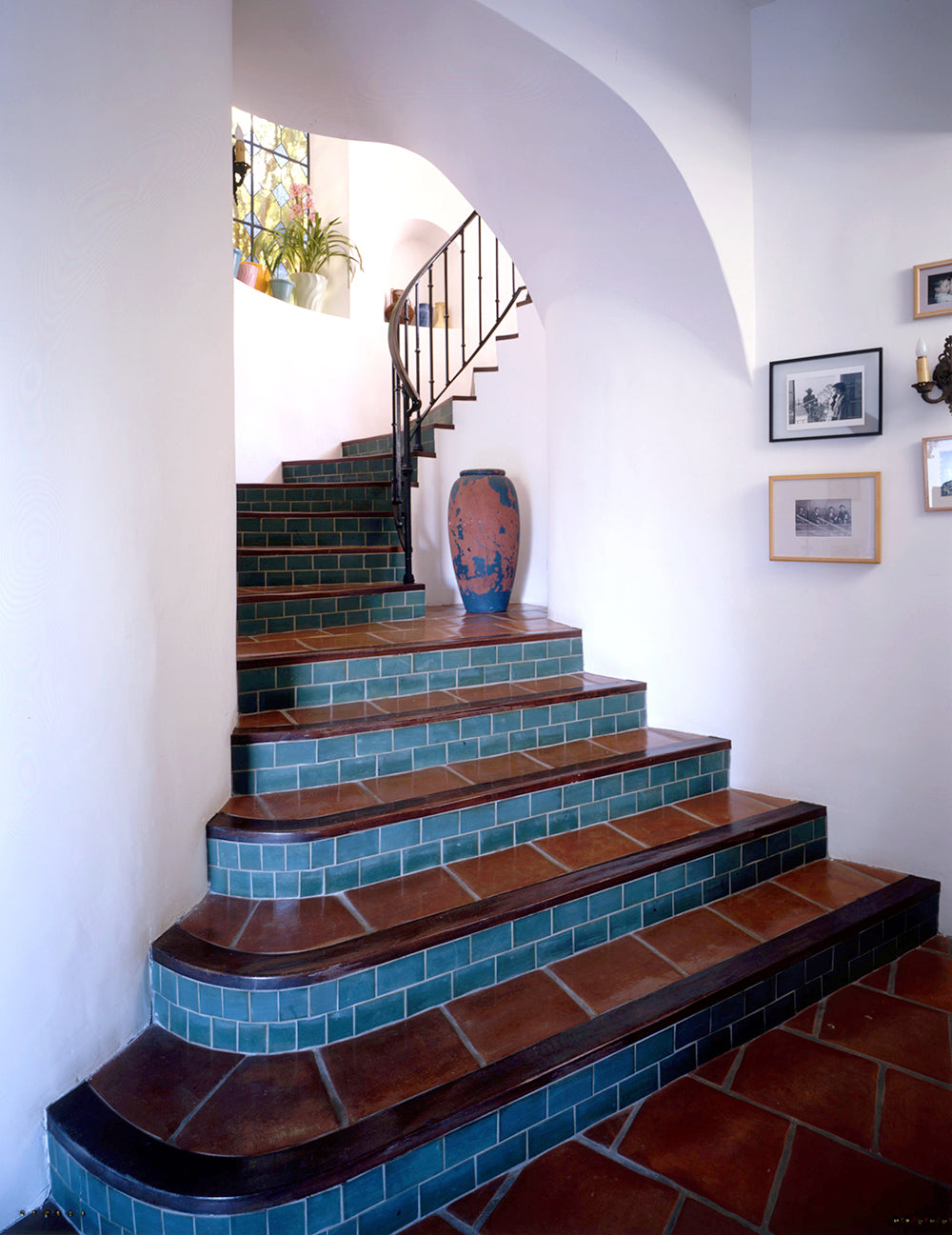 Blue hand-glazed subway field tile stair risers