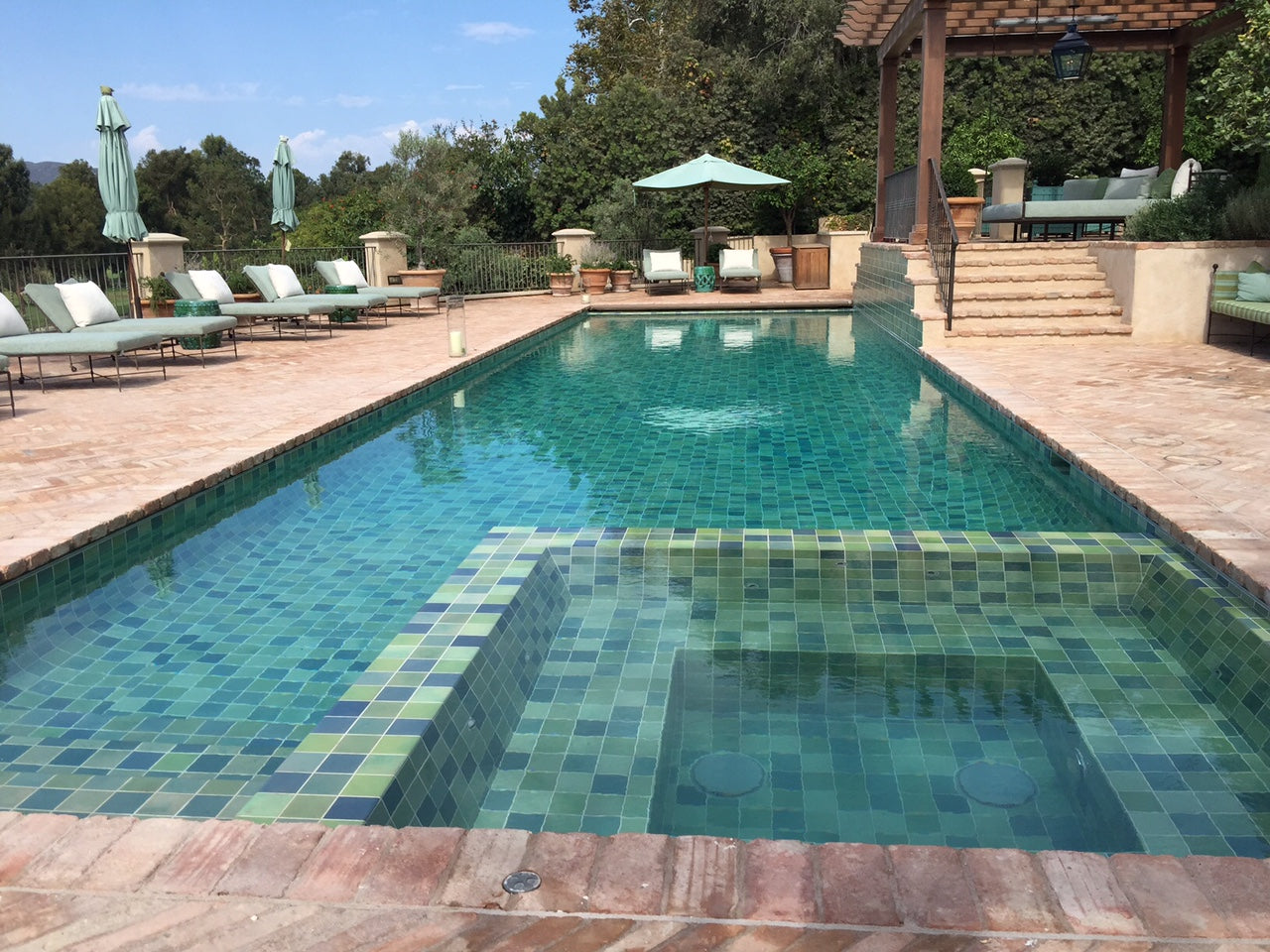 Seven colors of blue and green field tiles - pool liner and waterline tiles