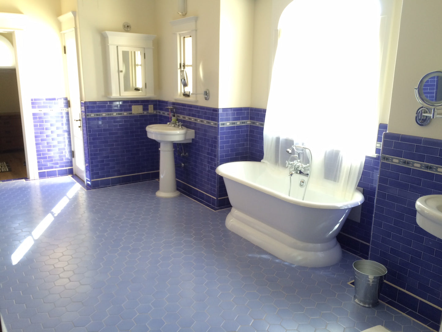 Hand-glazed blue field tiles with bathroom backsplash, with hex light blue field tiles